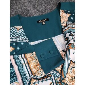 IMAN Global Chic Blouse Top‎ Paisley Print Hi-Low Hem Long Sleeve Green Size 1X